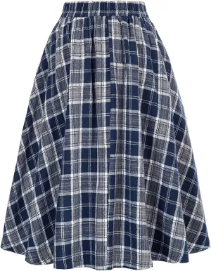 Womens Vintage High Waist Elastic Button Maxi Skirt Casual A-line Plaid Ruffle Versatile Pleated Flare Midi Skirts