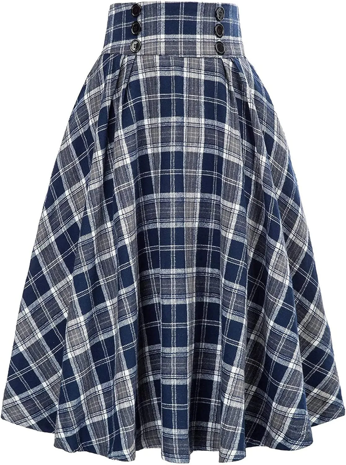 Womens Vintage High Waist Elastic Button Maxi Skirt Casual A-line Plaid Ruffle Versatile Pleated Flare Midi Skirts