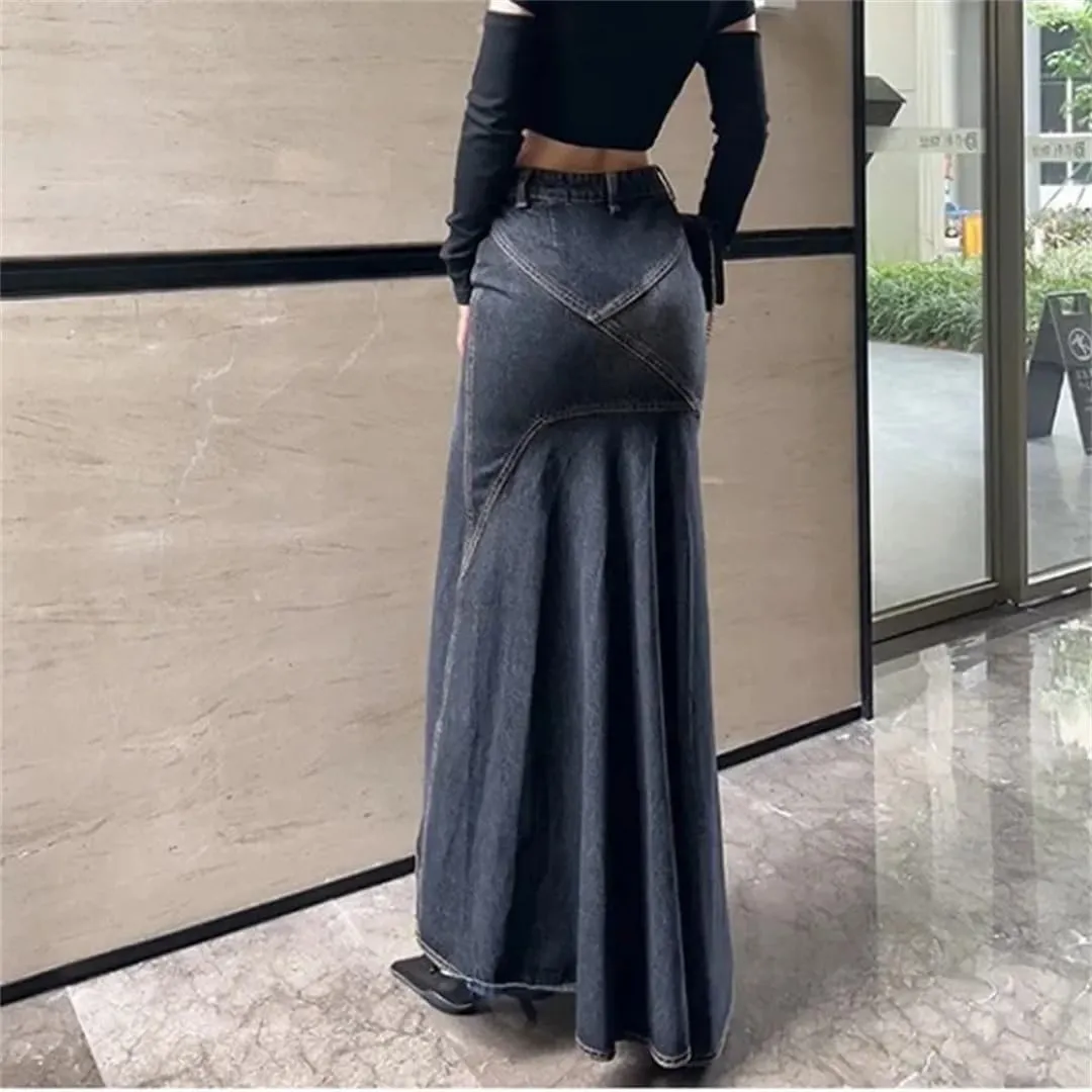 Women's Vintage High-Waisted Denim Skirt Hip-Hugging Long Skirt Split-Line Flared Skirt