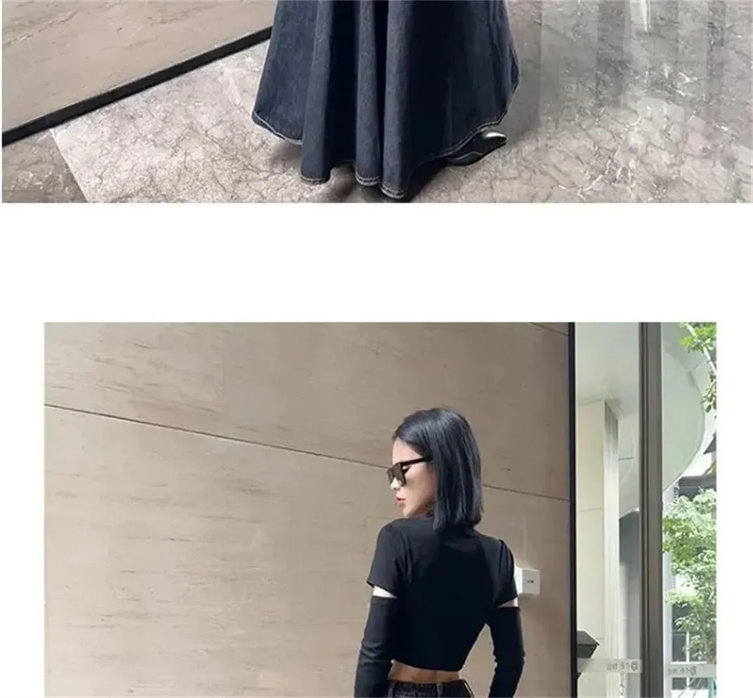 Women's Vintage High-Waisted Denim Skirt Hip-Hugging Long Skirt Split-Line Flared Skirt