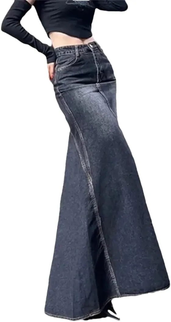 Women's Vintage High-Waisted Denim Skirt Hip-Hugging Long Skirt Split-Line Flared Skirt