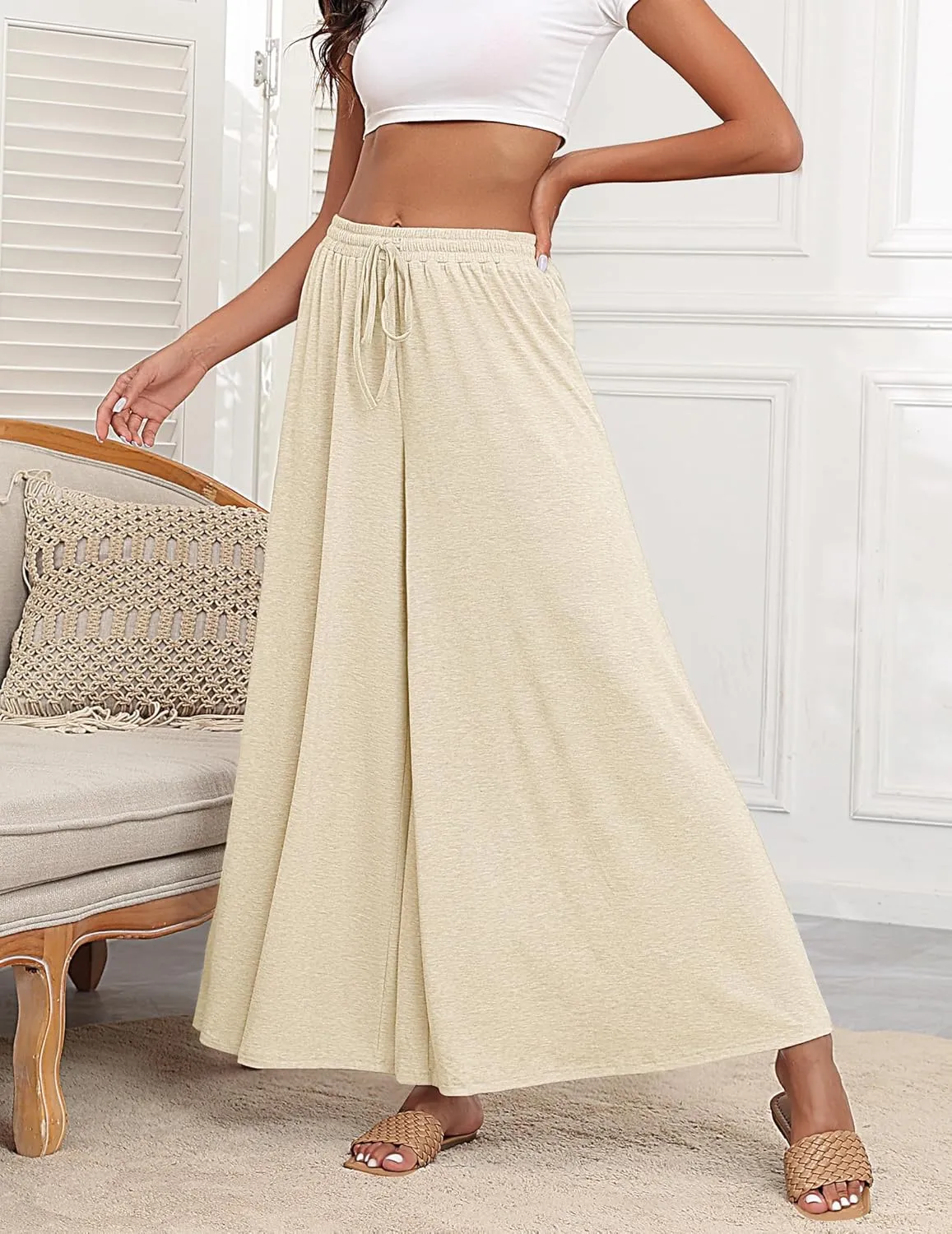 Women's Wide Leg Lounge Pants Loose High Waisted Flowy Palazzo Pants Comfy Pj Bottoms Summer Casual Beach Trousers