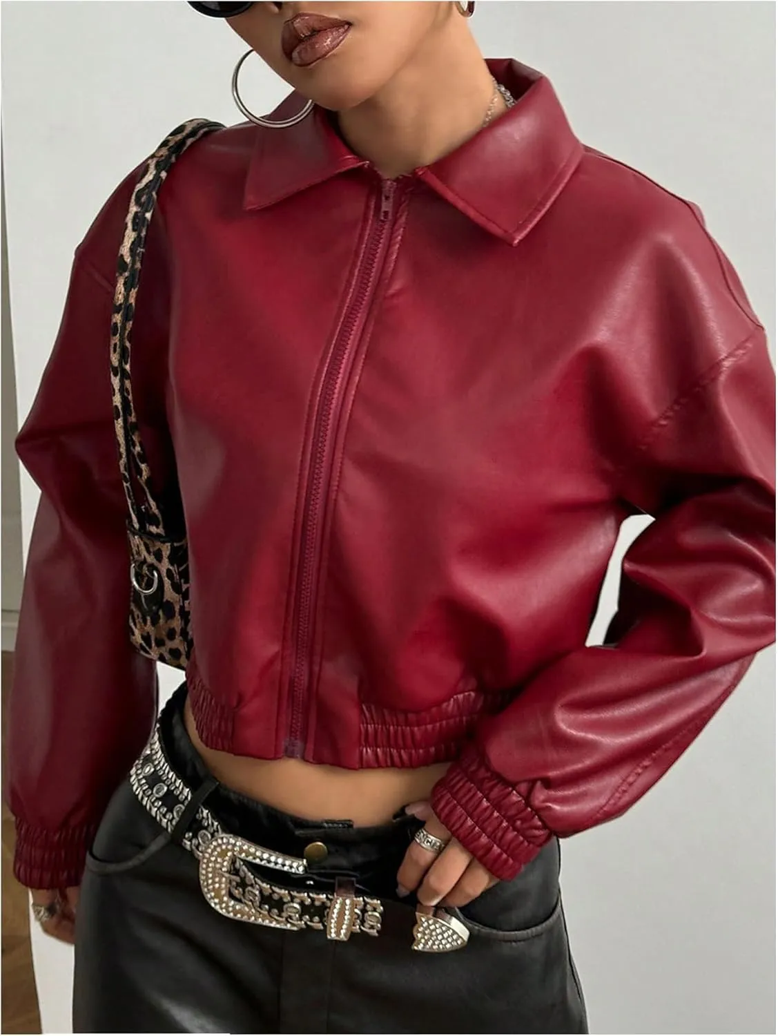 Women's Y2K Faux PU Leather Jacket Crop Zip Up Motorcycle Coat Long Sleeve Drop Shoulder Motor Bike Jacket Streetwear