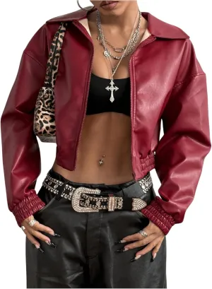 Women's Y2K Faux PU Leather Jacket Crop Zip Up Motorcycle Coat Long Sleeve Drop Shoulder Motor Bike Jacket Streetwear