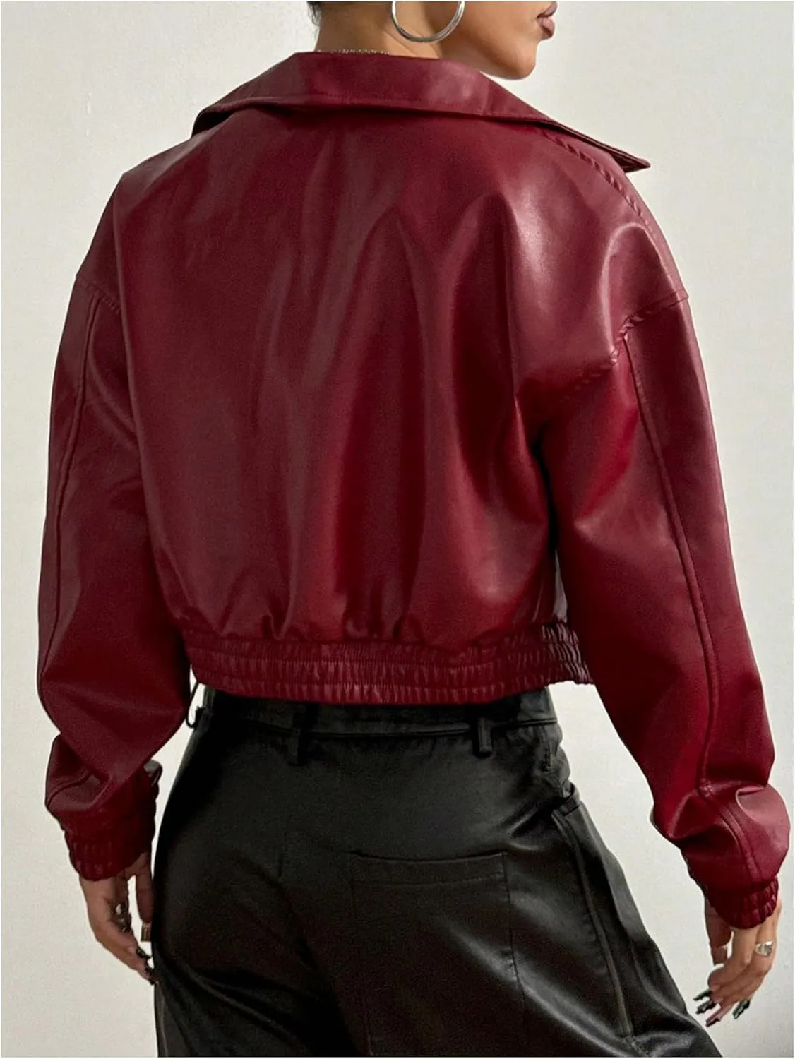 Women's Y2K Faux PU Leather Jacket Crop Zip Up Motorcycle Coat Long Sleeve Drop Shoulder Motor Bike Jacket Streetwear