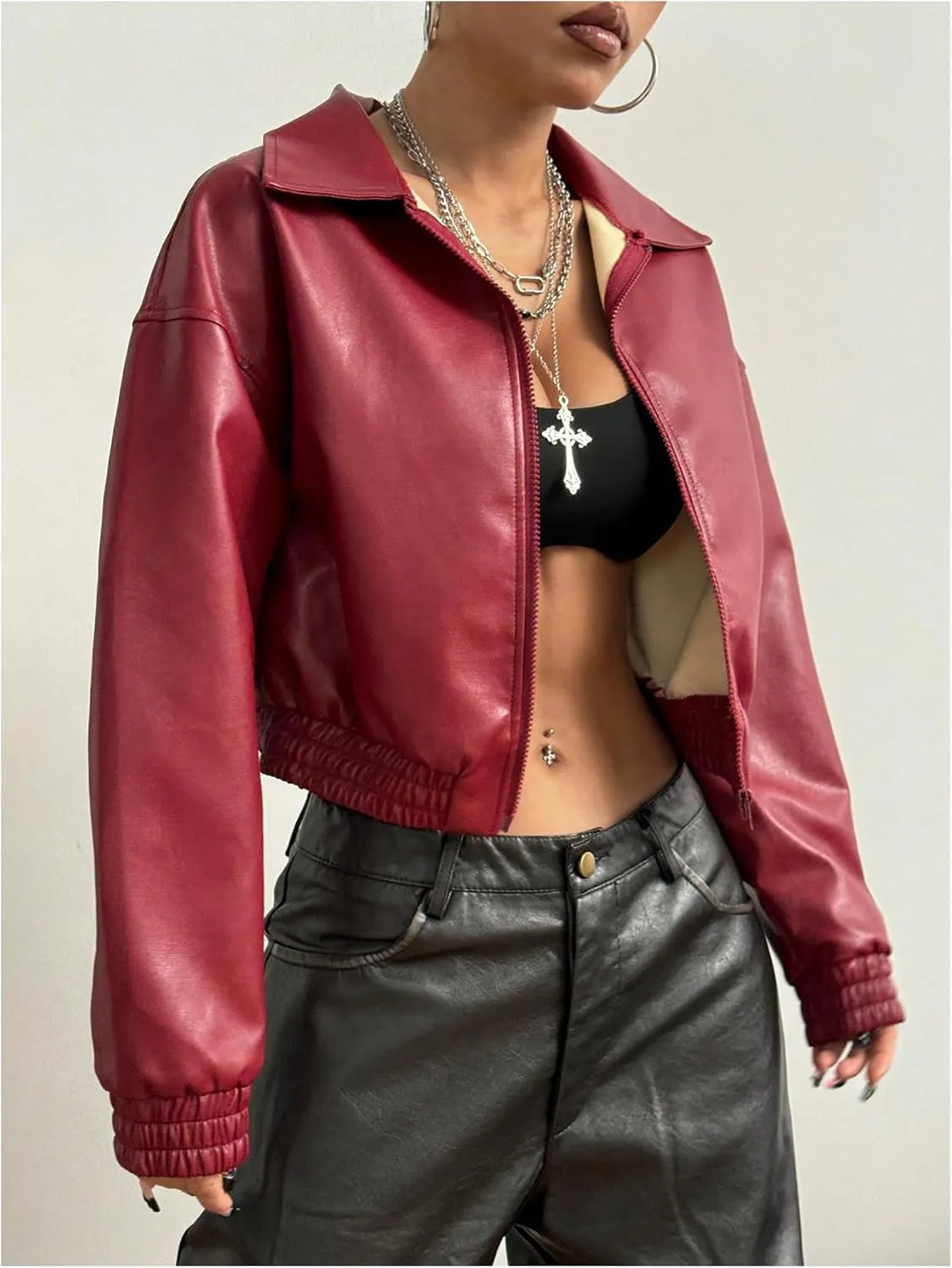 Women's Y2K Faux PU Leather Jacket Crop Zip Up Motorcycle Coat Long Sleeve Drop Shoulder Motor Bike Jacket Streetwear