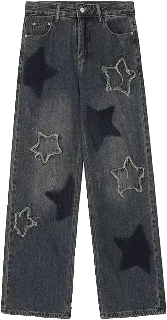 Women's Y2K Vintage Denim Pants Goth Cyber Punk Star Patchwork Jeans Fairy Grunge Harajuku High Waist Wide Leg Trousers