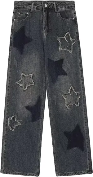 Women's Y2K Vintage Denim Pants Goth Cyber Punk Star Patchwork Jeans Fairy Grunge Harajuku High Waist Wide Leg Trousers