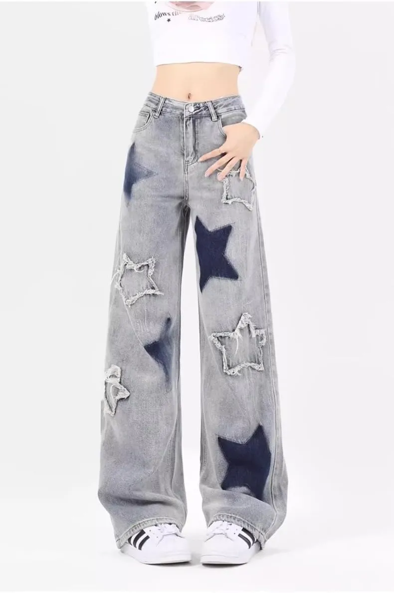 Women's Y2K Vintage Denim Pants Goth Cyber Punk Star Patchwork Jeans Fairy Grunge Harajuku High Waist Wide Leg Trousers