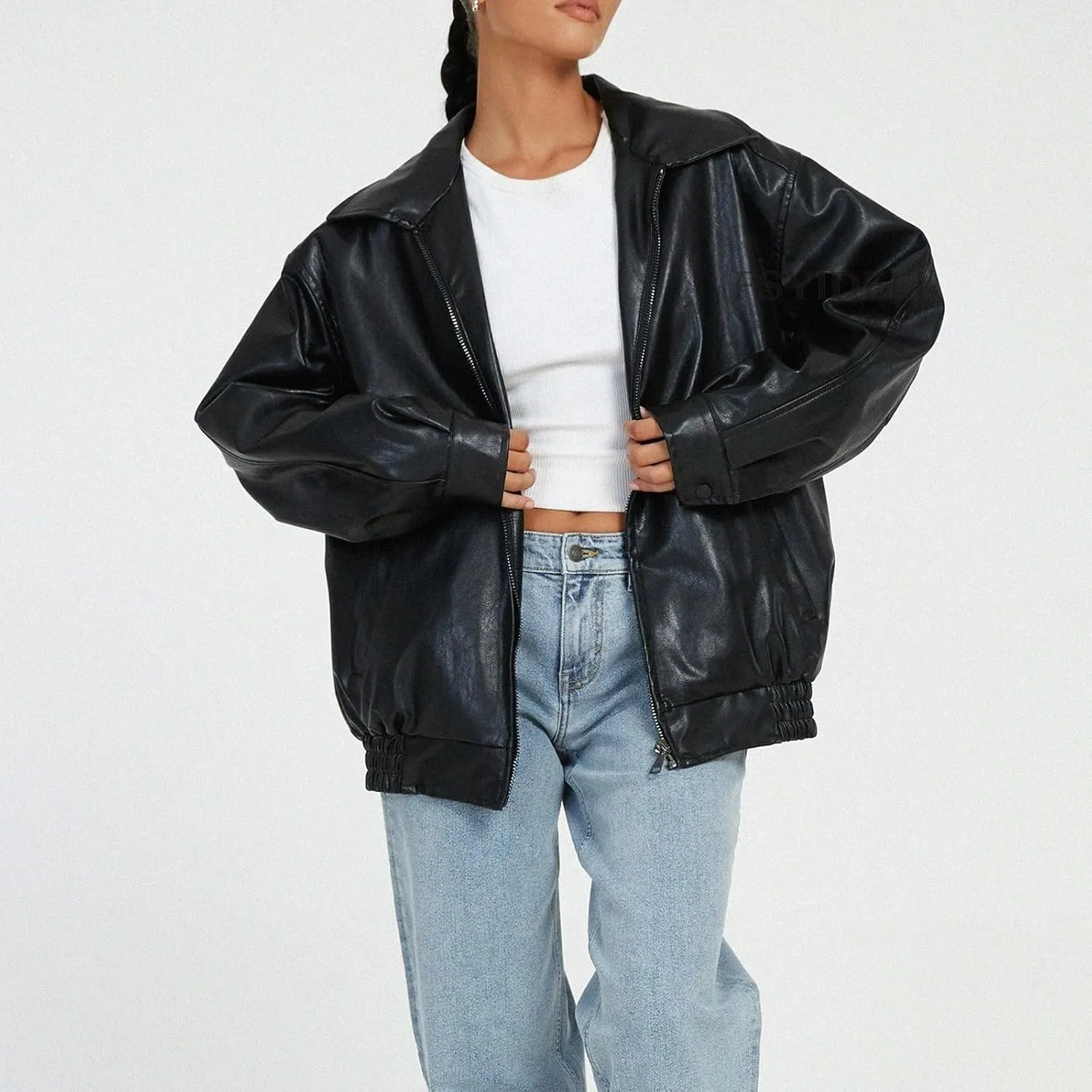 Women's Y2K Vintage Oversized Jacket Altnertive Cyber Punk Crop PU Leather Coat Grunge Aesthetics Lapel Long Sleeve Top
