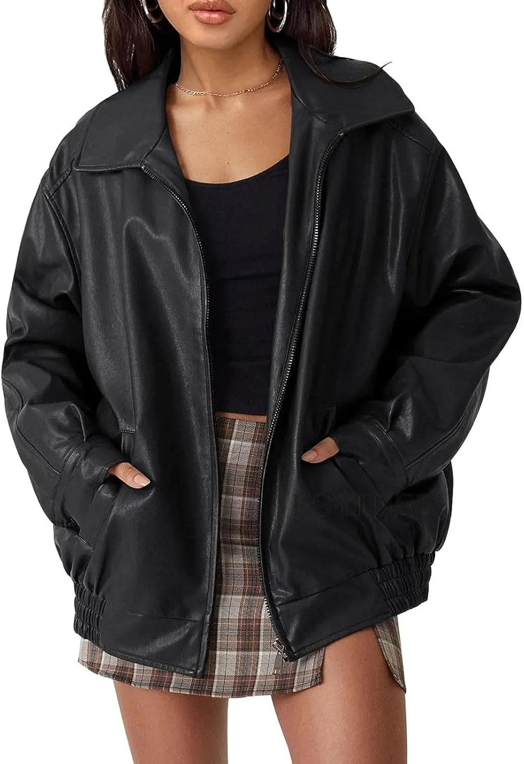 Women's Y2K Vintage Oversized Jacket Altnertive Cyber Punk Crop PU Leather Coat Grunge Aesthetics Lapel Long Sleeve Top