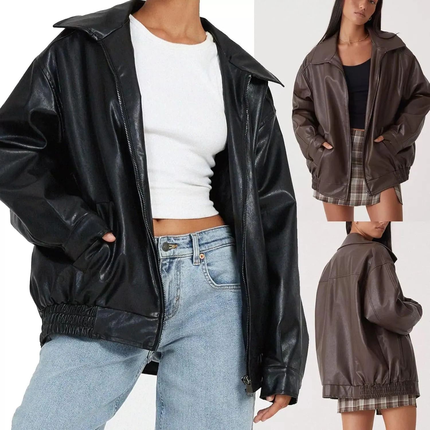 Women's Y2K Vintage Oversized Jacket Altnertive Cyber Punk Crop PU Leather Coat Grunge Aesthetics Lapel Long Sleeve Top