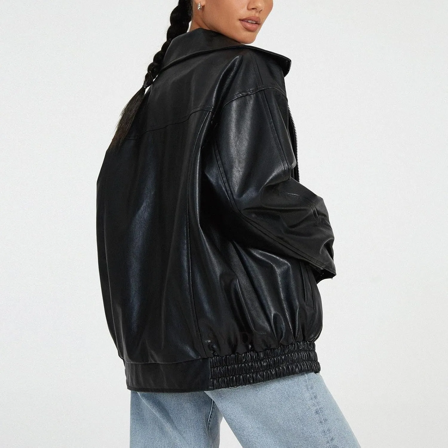 Women's Y2K Vintage Oversized Jacket Altnertive Cyber Punk Crop PU Leather Coat Grunge Aesthetics Lapel Long Sleeve Top