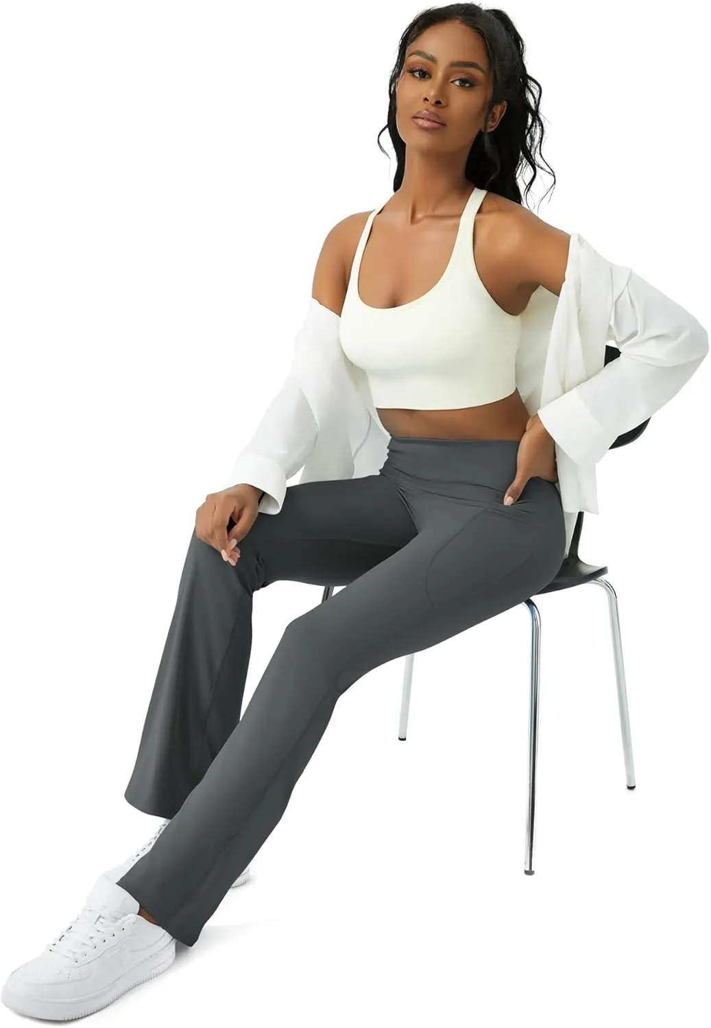 Womens Yoga Pants with Pockets High Waisted Flare Leggings Bell Bottom Yoga Dress Pants Seamless Bootcut Pants