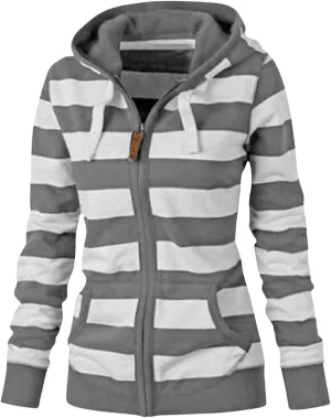 Womens Zip Up Hoodies Casual Oversized Striped Hoodies Sweatshirts Plain Zipper Classic Hooded Jackets with Pockets