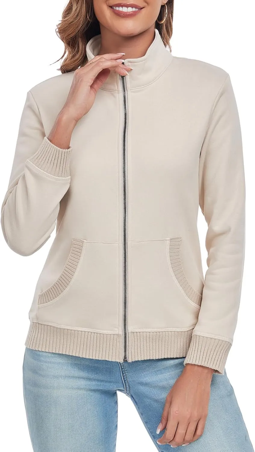 Women's Zip up Sweatshirt Jacket Stand Collar Long Sleeve Sweater Ribbed Knit Hem Jacket with Pocket