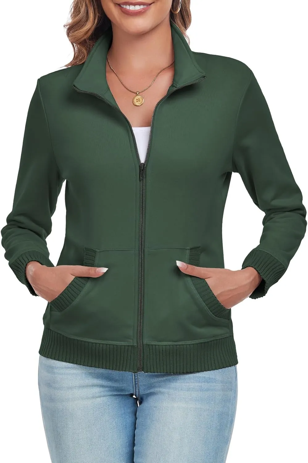 Women's Zip up Sweatshirt Jacket Stand Collar Long Sleeve Sweater Ribbed Knit Hem Jacket with Pocket