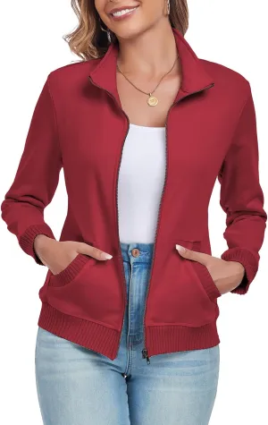 Women's Zip up Sweatshirt Jacket Stand Collar Long Sleeve Sweater Ribbed Knit Hem Jacket with Pocket