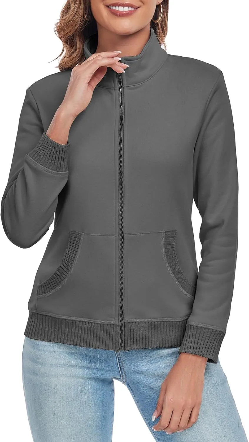 Women's Zip up Sweatshirt Jacket Stand Collar Long Sleeve Sweater Ribbed Knit Hem Jacket with Pocket