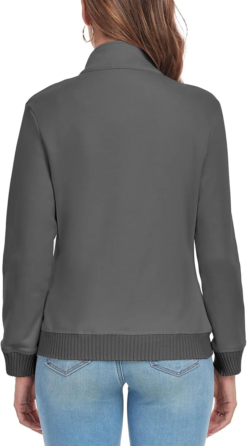 Women's Zip up Sweatshirt Jacket Stand Collar Long Sleeve Sweater Ribbed Knit Hem Jacket with Pocket