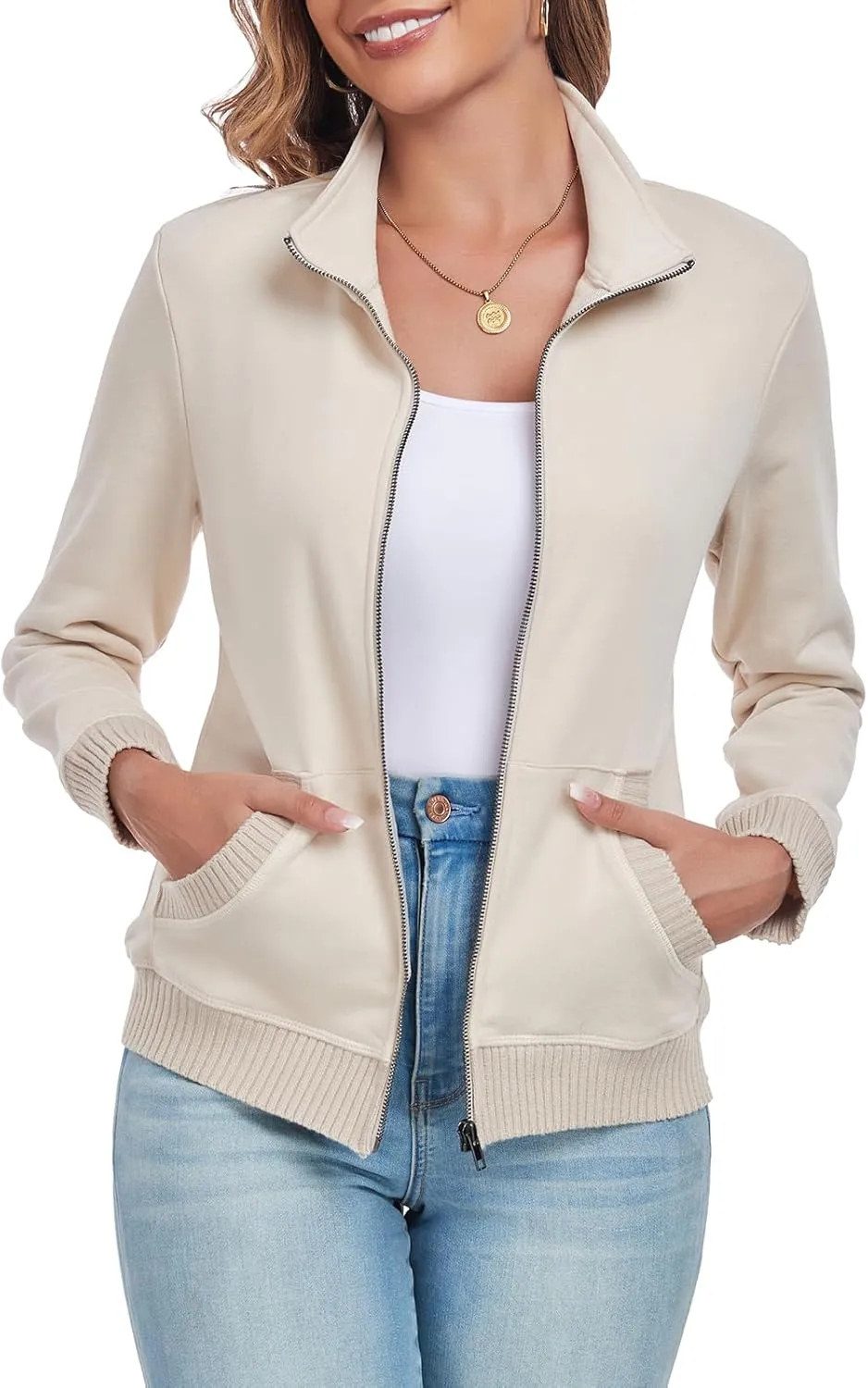 Women's Zip up Sweatshirt Jacket Stand Collar Long Sleeve Sweater Ribbed Knit Hem Jacket with Pocket