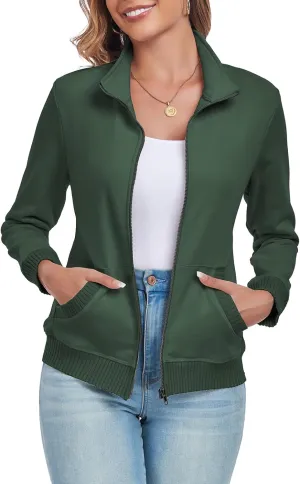 Women's Zip up Sweatshirt Jacket Stand Collar Long Sleeve Sweater Ribbed Knit Hem Jacket with Pocket