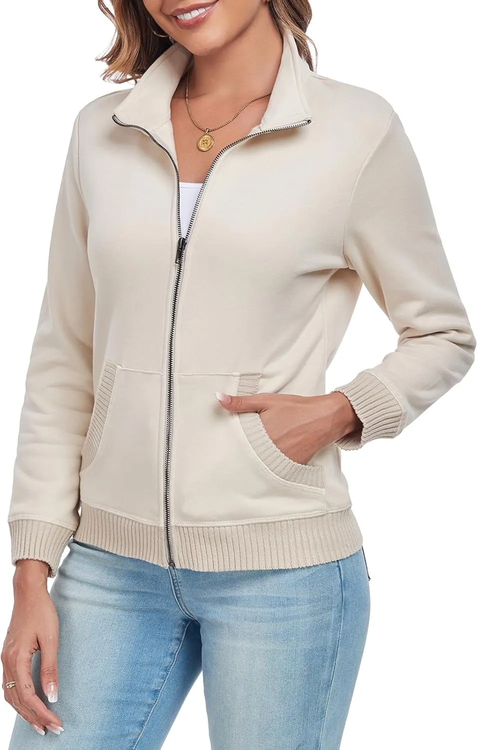Women's Zip up Sweatshirt Jacket Stand Collar Long Sleeve Sweater Ribbed Knit Hem Jacket with Pocket