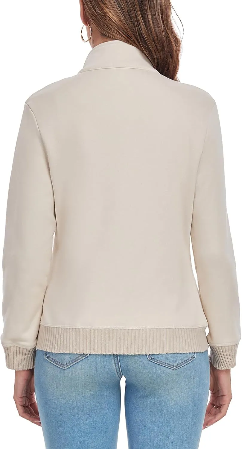 Women's Zip up Sweatshirt Jacket Stand Collar Long Sleeve Sweater Ribbed Knit Hem Jacket with Pocket