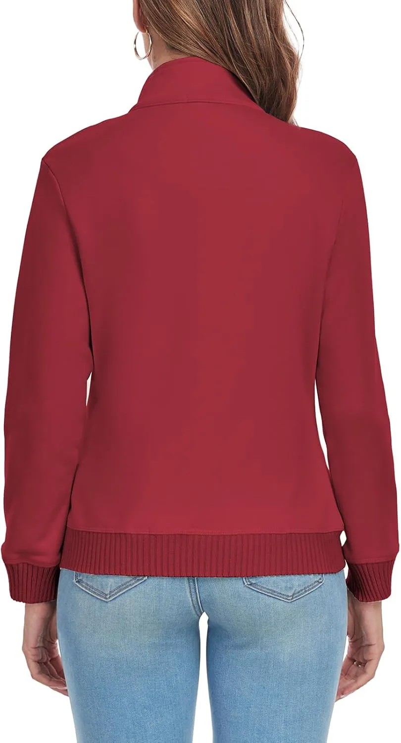 Women's Zip up Sweatshirt Jacket Stand Collar Long Sleeve Sweater Ribbed Knit Hem Jacket with Pocket