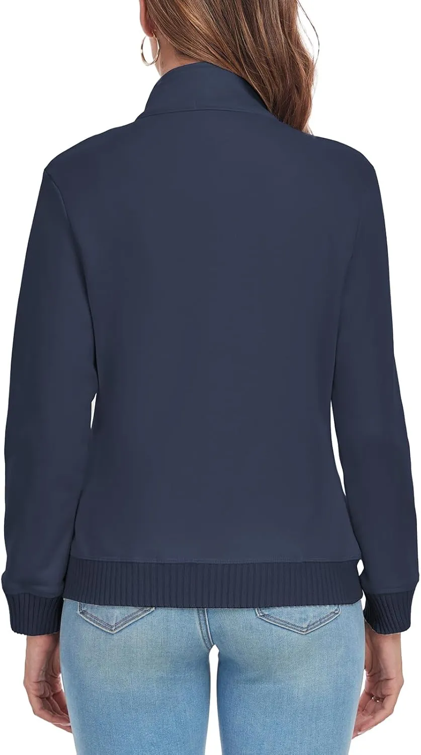 Women's Zip up Sweatshirt Jacket Stand Collar Long Sleeve Sweater Ribbed Knit Hem Jacket with Pocket