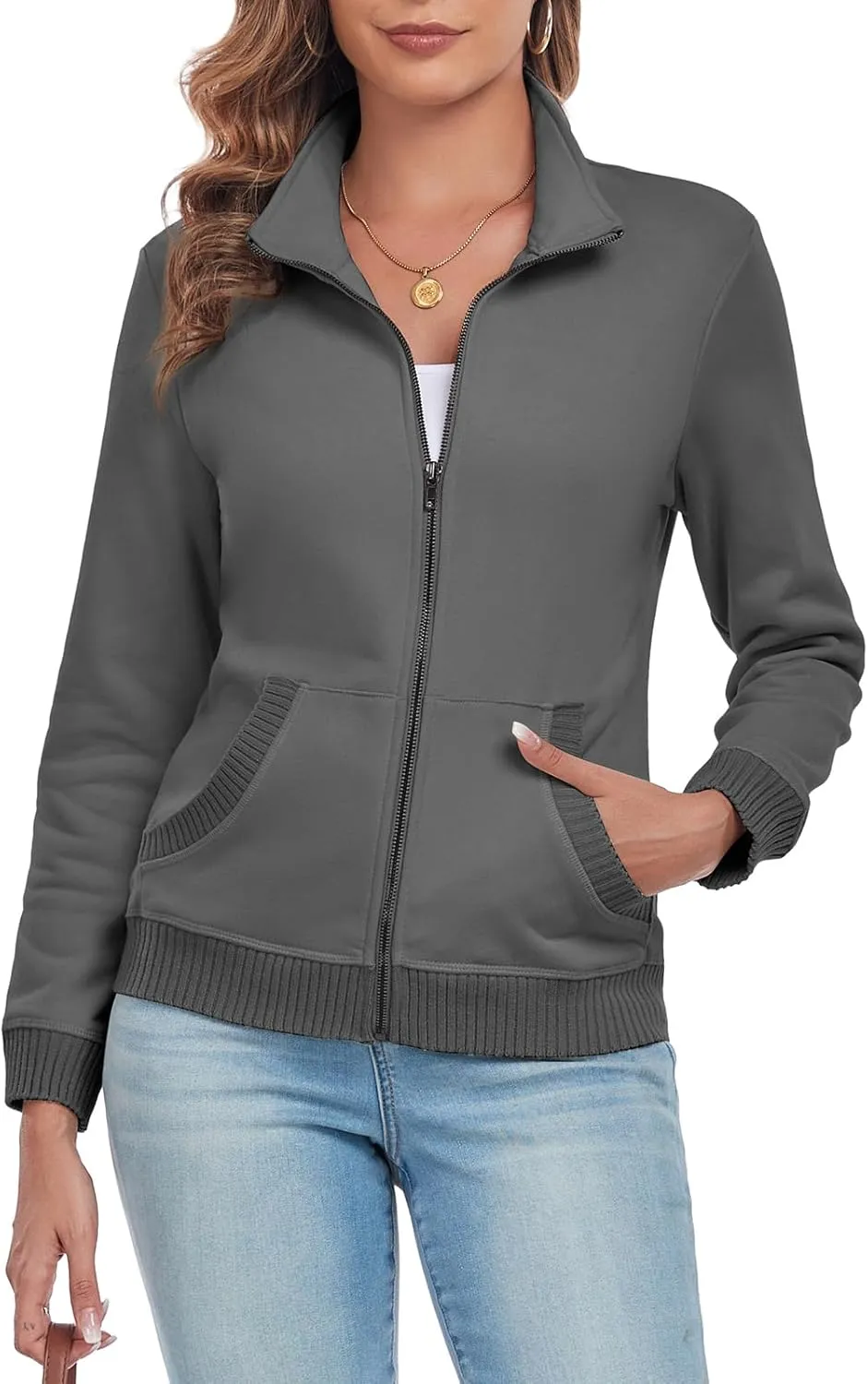 Women's Zip up Sweatshirt Jacket Stand Collar Long Sleeve Sweater Ribbed Knit Hem Jacket with Pocket