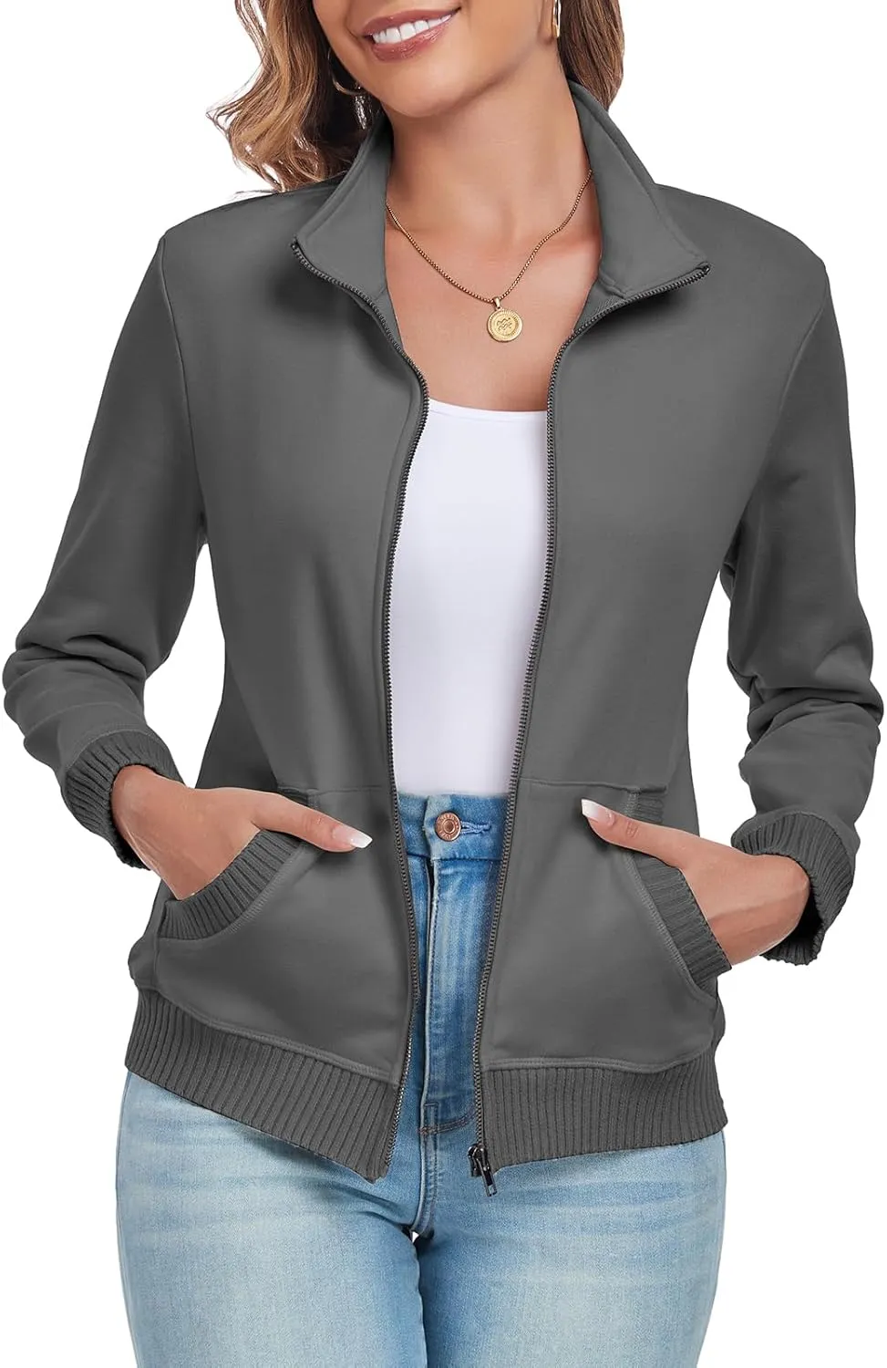 Women's Zip up Sweatshirt Jacket Stand Collar Long Sleeve Sweater Ribbed Knit Hem Jacket with Pocket