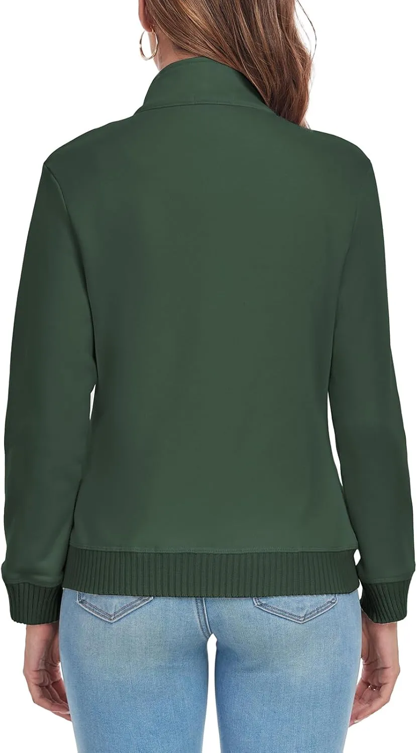 Women's Zip up Sweatshirt Jacket Stand Collar Long Sleeve Sweater Ribbed Knit Hem Jacket with Pocket