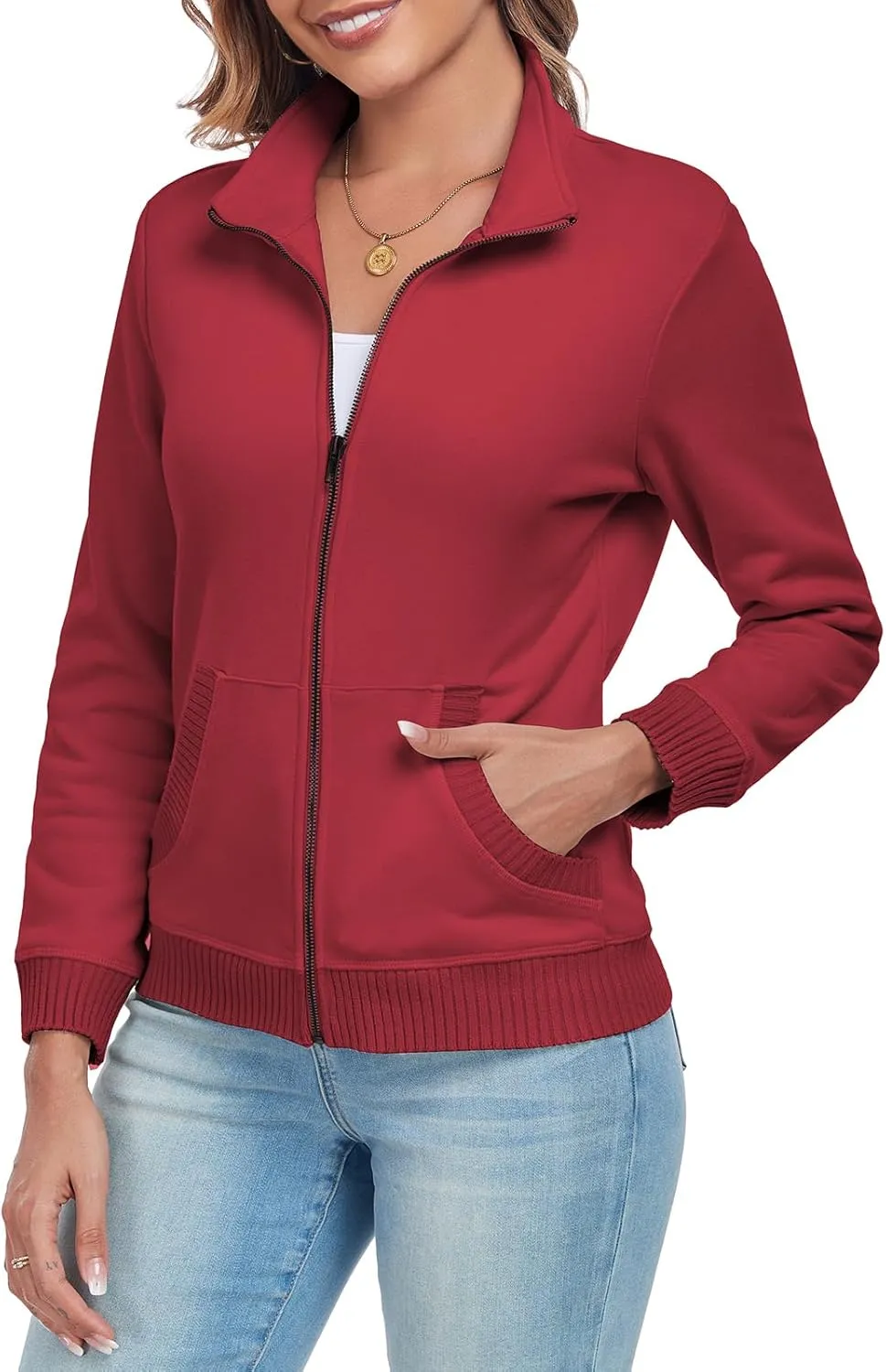 Women's Zip up Sweatshirt Jacket Stand Collar Long Sleeve Sweater Ribbed Knit Hem Jacket with Pocket