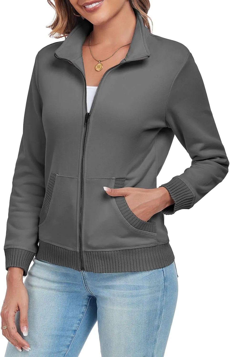 Women's Zip up Sweatshirt Jacket Stand Collar Long Sleeve Sweater Ribbed Knit Hem Jacket with Pocket