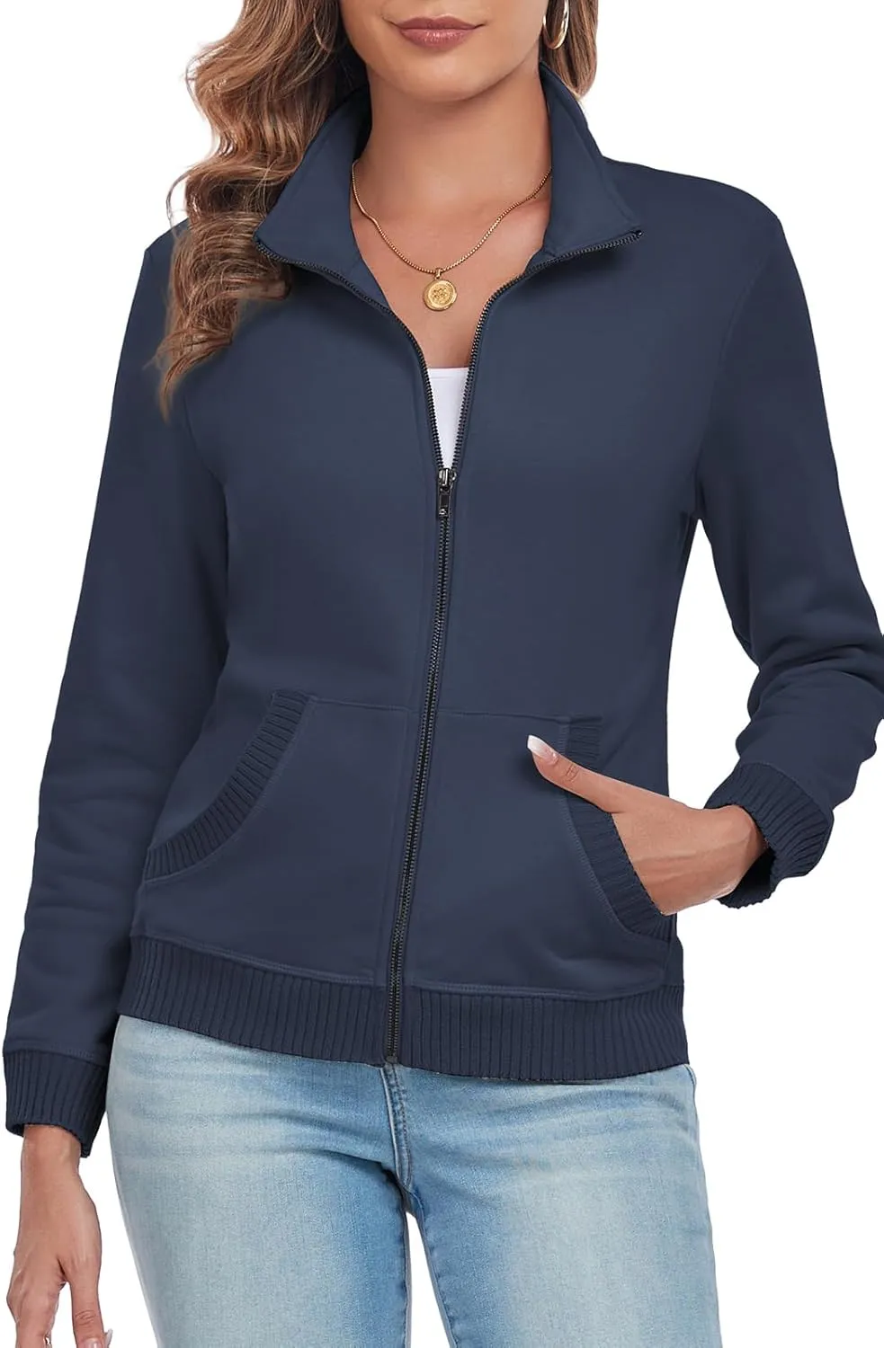 Women's Zip up Sweatshirt Jacket Stand Collar Long Sleeve Sweater Ribbed Knit Hem Jacket with Pocket