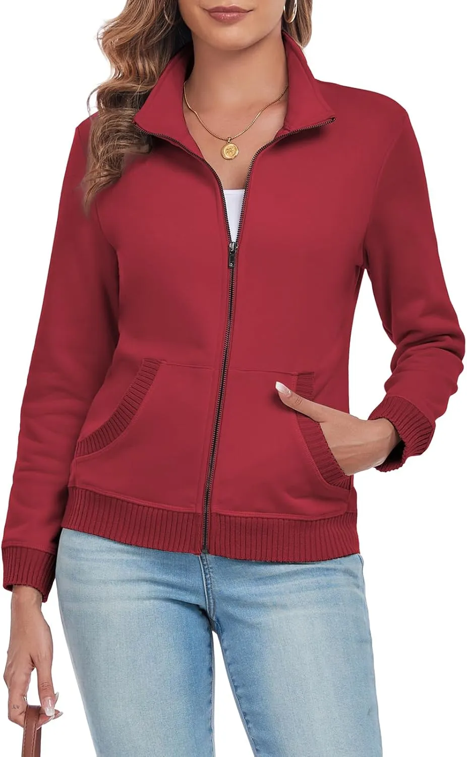 Women's Zip up Sweatshirt Jacket Stand Collar Long Sleeve Sweater Ribbed Knit Hem Jacket with Pocket