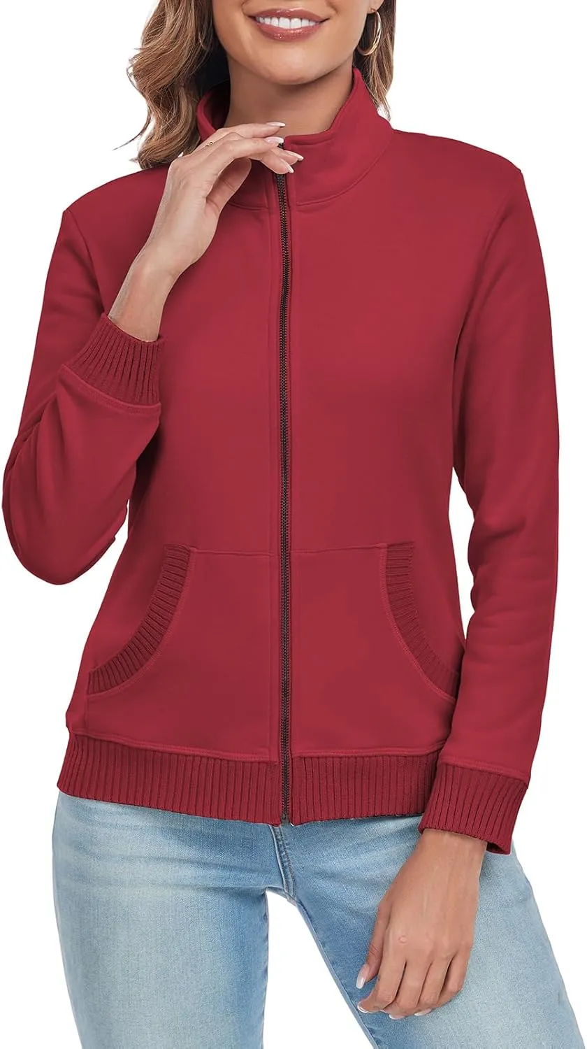 Women's Zip up Sweatshirt Jacket Stand Collar Long Sleeve Sweater Ribbed Knit Hem Jacket with Pocket
