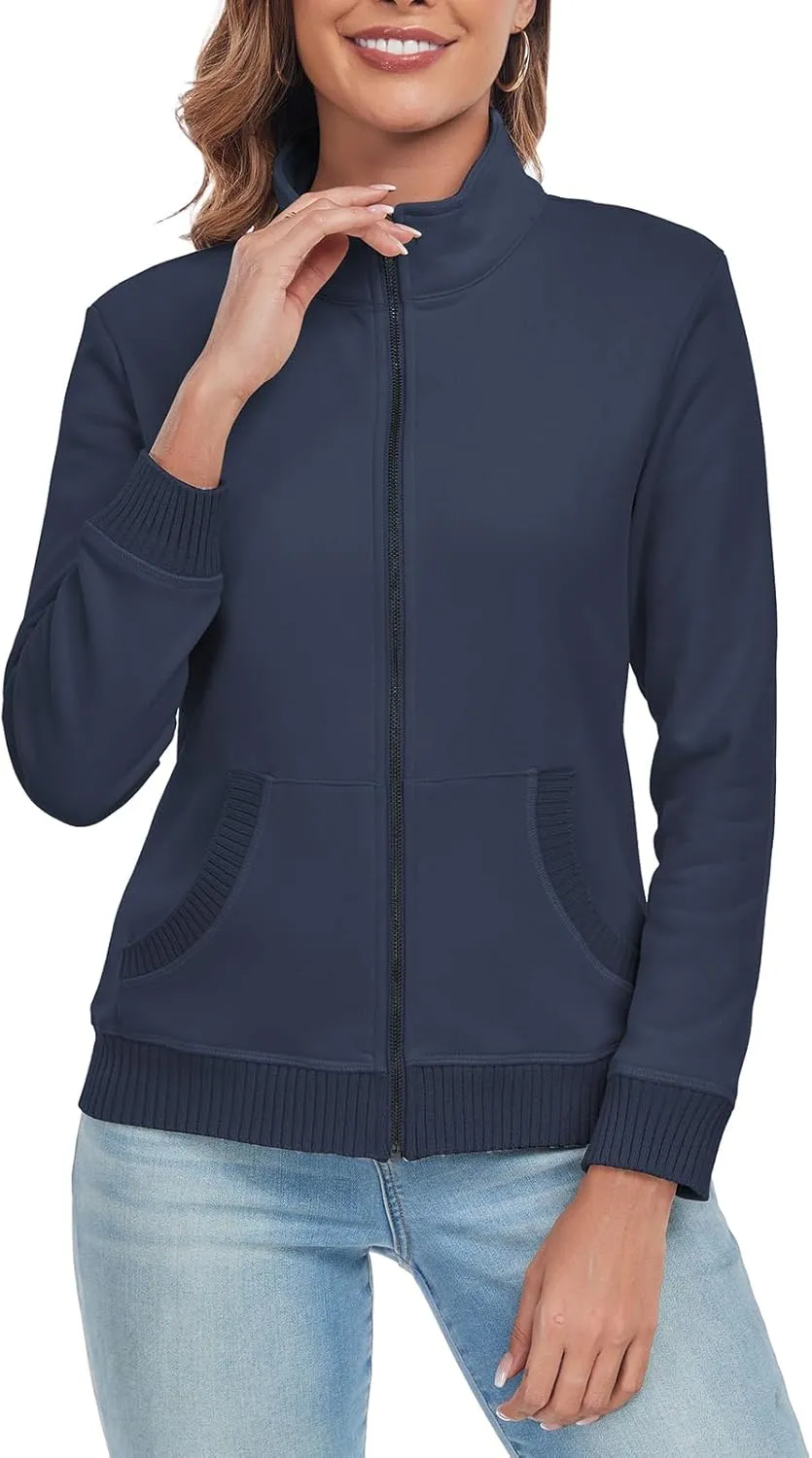 Women's Zip up Sweatshirt Jacket Stand Collar Long Sleeve Sweater Ribbed Knit Hem Jacket with Pocket