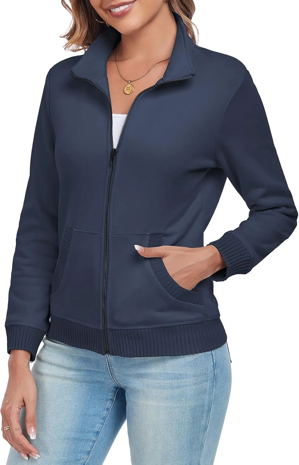 Women's Zip up Sweatshirt Jacket Stand Collar Long Sleeve Sweater Ribbed Knit Hem Jacket with Pocket