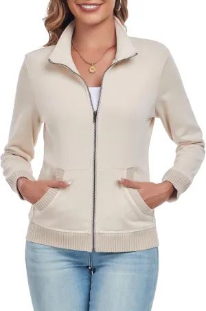 Women's Zip up Sweatshirt Jacket Stand Collar Long Sleeve Sweater Ribbed Knit Hem Jacket with Pocket