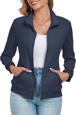 Women's Zip up Sweatshirt Jacket Stand Collar Long Sleeve Sweater Ribbed Knit Hem Jacket with Pocket