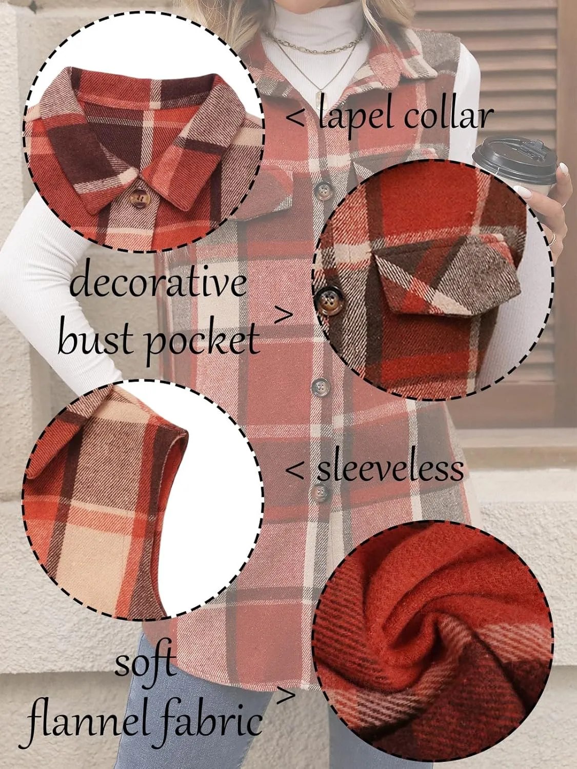 Wowcarbazole Womens Plaid Vest Button Down Sleeveless Lapel Neck Long Vest Tops Outerwear Casual Flannel Waistcoat Jackets