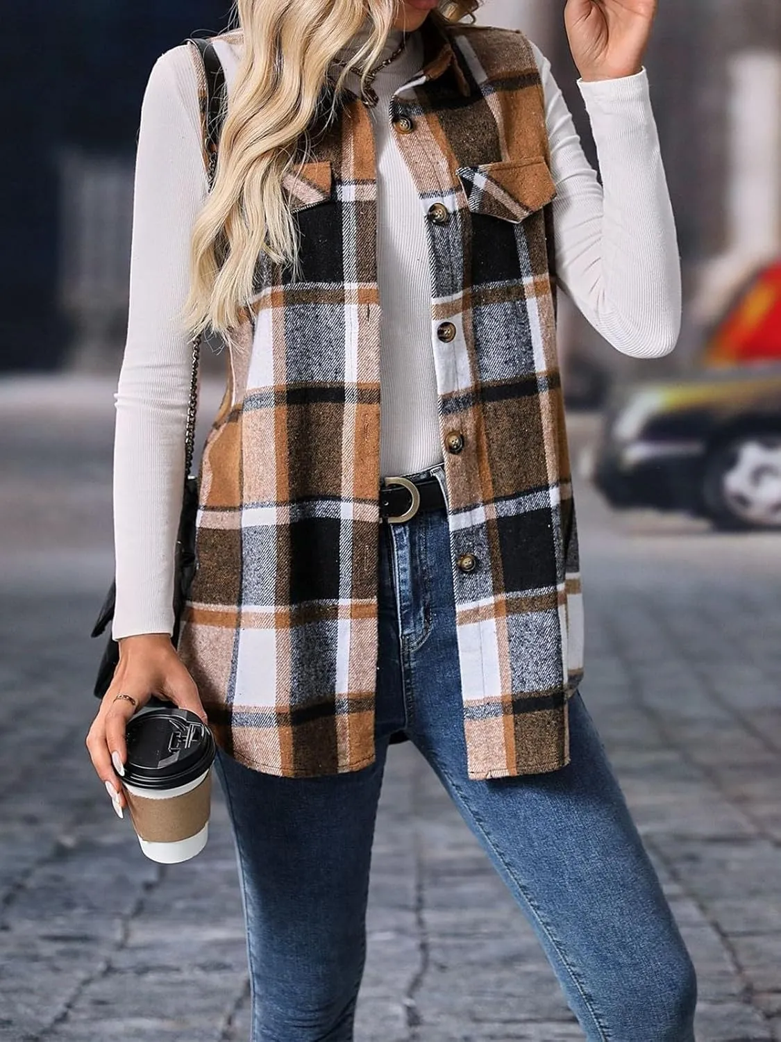 Wowcarbazole Womens Plaid Vest Button Down Sleeveless Lapel Neck Long Vest Tops Outerwear Casual Flannel Waistcoat Jackets