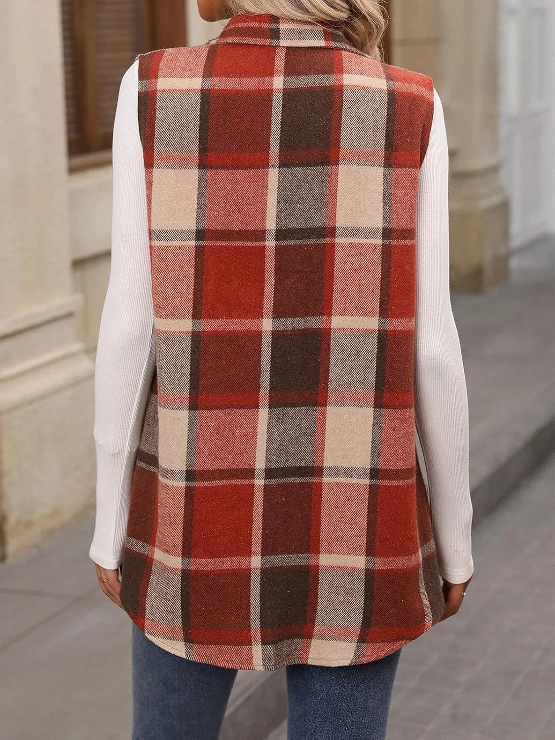 Wowcarbazole Womens Plaid Vest Button Down Sleeveless Lapel Neck Long Vest Tops Outerwear Casual Flannel Waistcoat Jackets