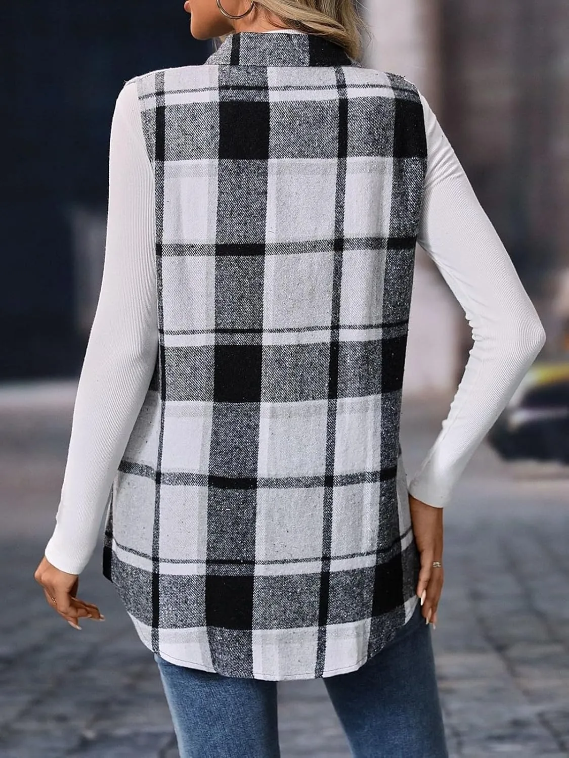 Wowcarbazole Womens Plaid Vest Button Down Sleeveless Lapel Neck Long Vest Tops Outerwear Casual Flannel Waistcoat Jackets
