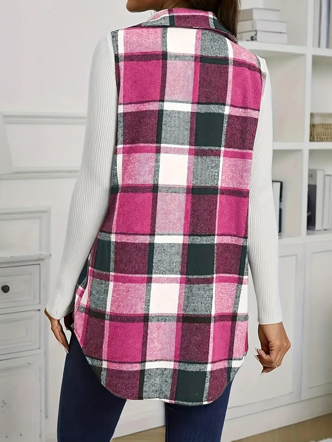 Wowcarbazole Womens Plaid Vest Button Down Sleeveless Lapel Neck Long Vest Tops Outerwear Casual Flannel Waistcoat Jackets