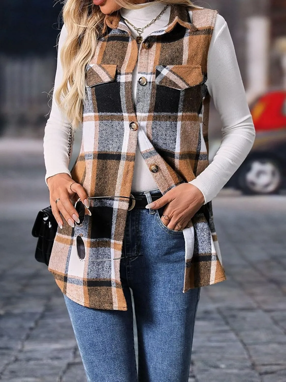 Wowcarbazole Womens Plaid Vest Button Down Sleeveless Lapel Neck Long Vest Tops Outerwear Casual Flannel Waistcoat Jackets