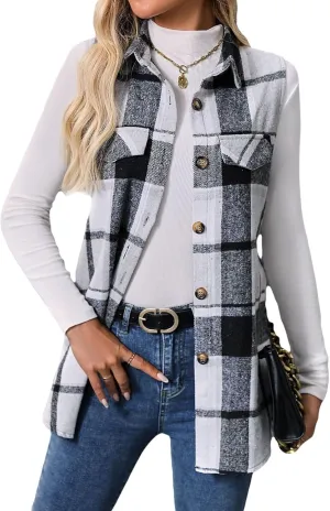 Wowcarbazole Womens Plaid Vest Button Down Sleeveless Lapel Neck Long Vest Tops Outerwear Casual Flannel Waistcoat Jackets