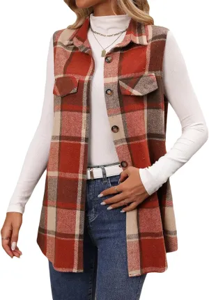 Wowcarbazole Womens Plaid Vest Button Down Sleeveless Lapel Neck Long Vest Tops Outerwear Casual Flannel Waistcoat Jackets